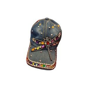 Colorful Bejeweled  Denim Cap with Dragonfly